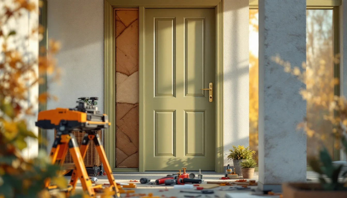 Energy-efficient Doors For Winter — Close-up of a modern composite front door being professionally installed in a Gl Energy-efficient Doors For Winter — Close-up of a modern composite front door being professionally installed in a Gl
