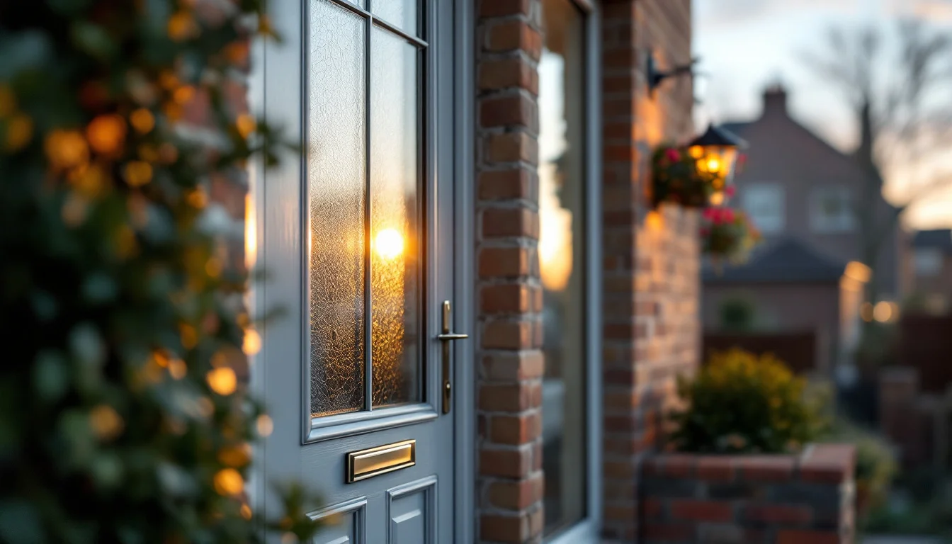 UPVC Vs Wooden External Doors — Close-up of a modern UPVC front door with decorative glass, multi-point locking UPVC Vs Wooden External Doors — Close-up of a modern UPVC front door with decorative glass, multi-point locking