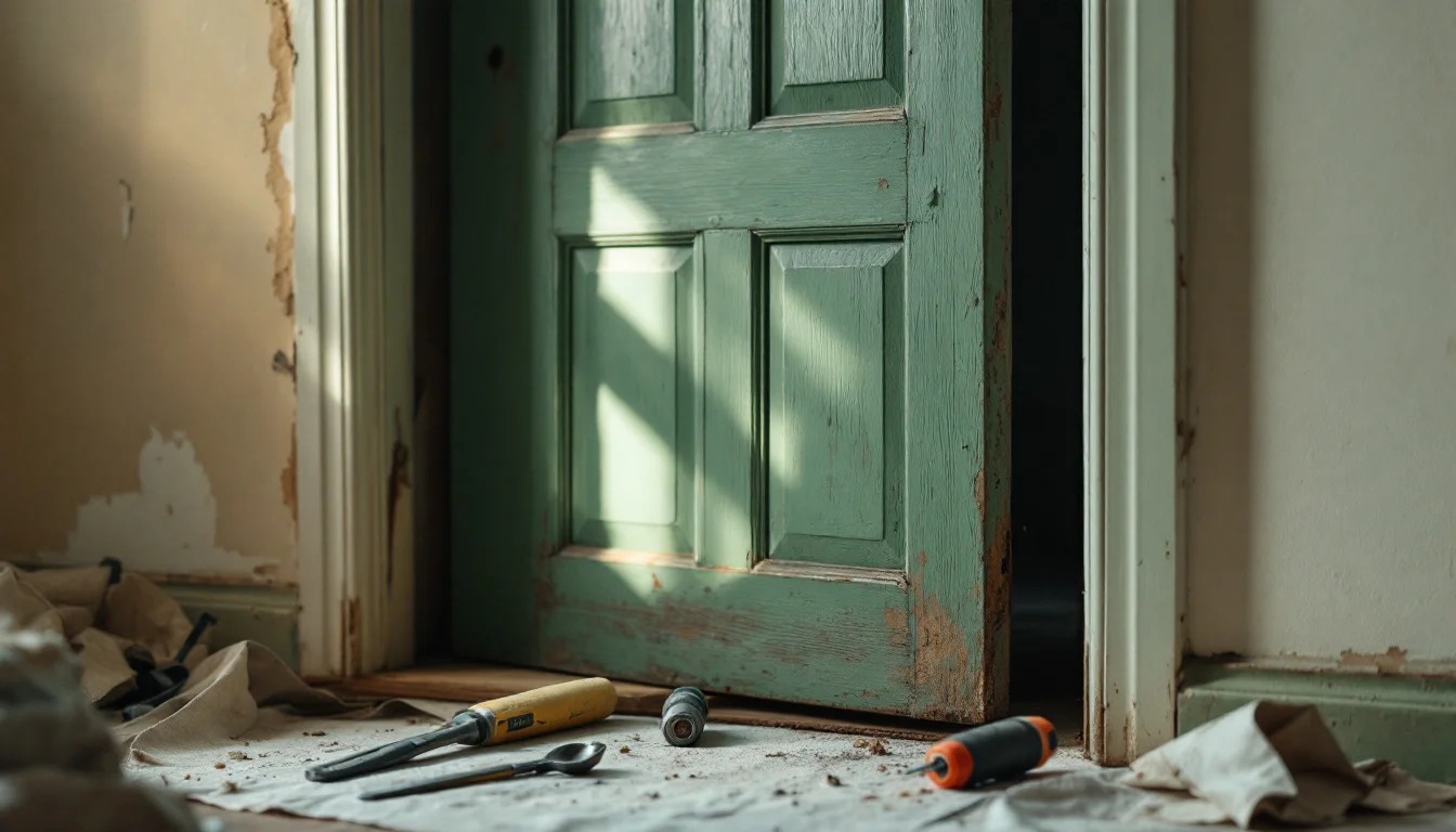 Average Installation Time For Doors — Installer in Glenrothes removing an old timber door, with tools and dust sheets Average Installation Time For Doors — Installer in Glenrothes removing an old timber door, with tools and dust sheets