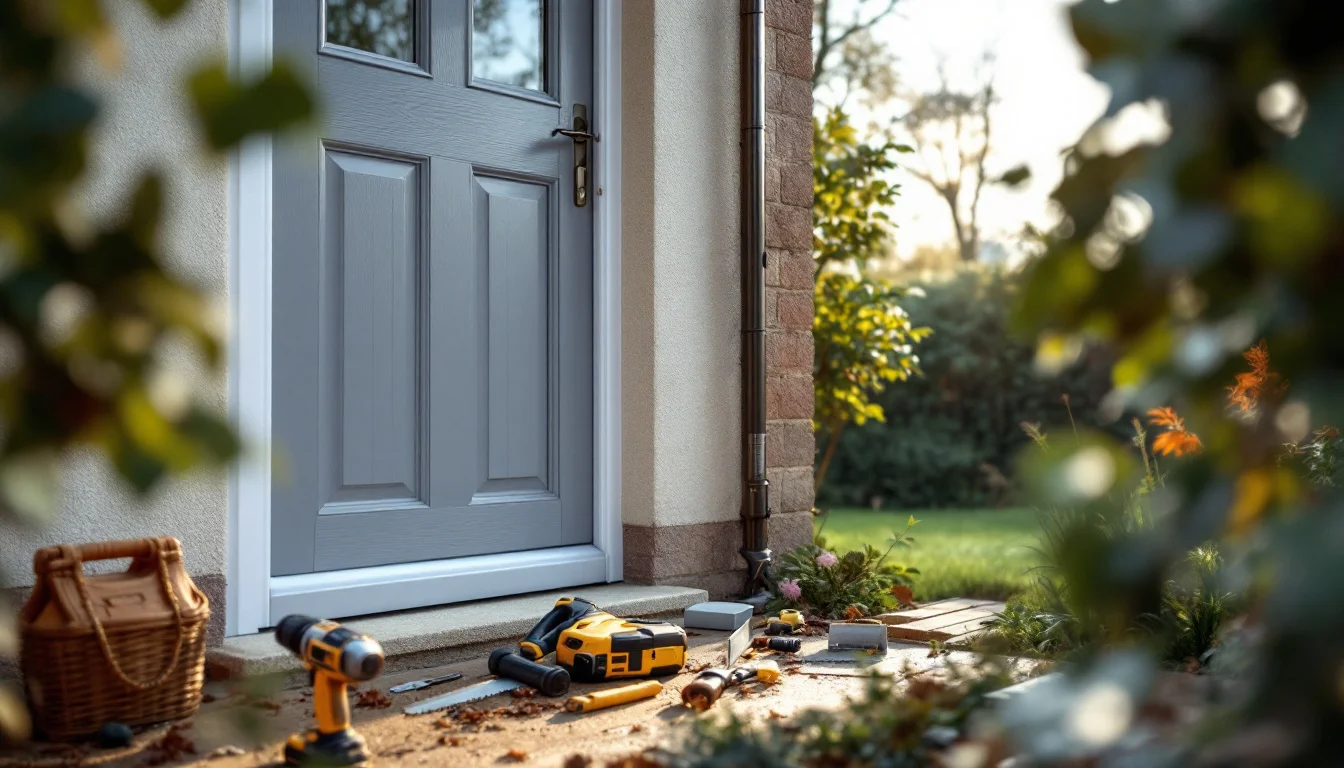 Common Problems With External Doors — Professional installer fitting a new composite external door to a Glenrothes pro Common Problems With External Doors — Professional installer fitting a new composite external door to a Glenrothes pro