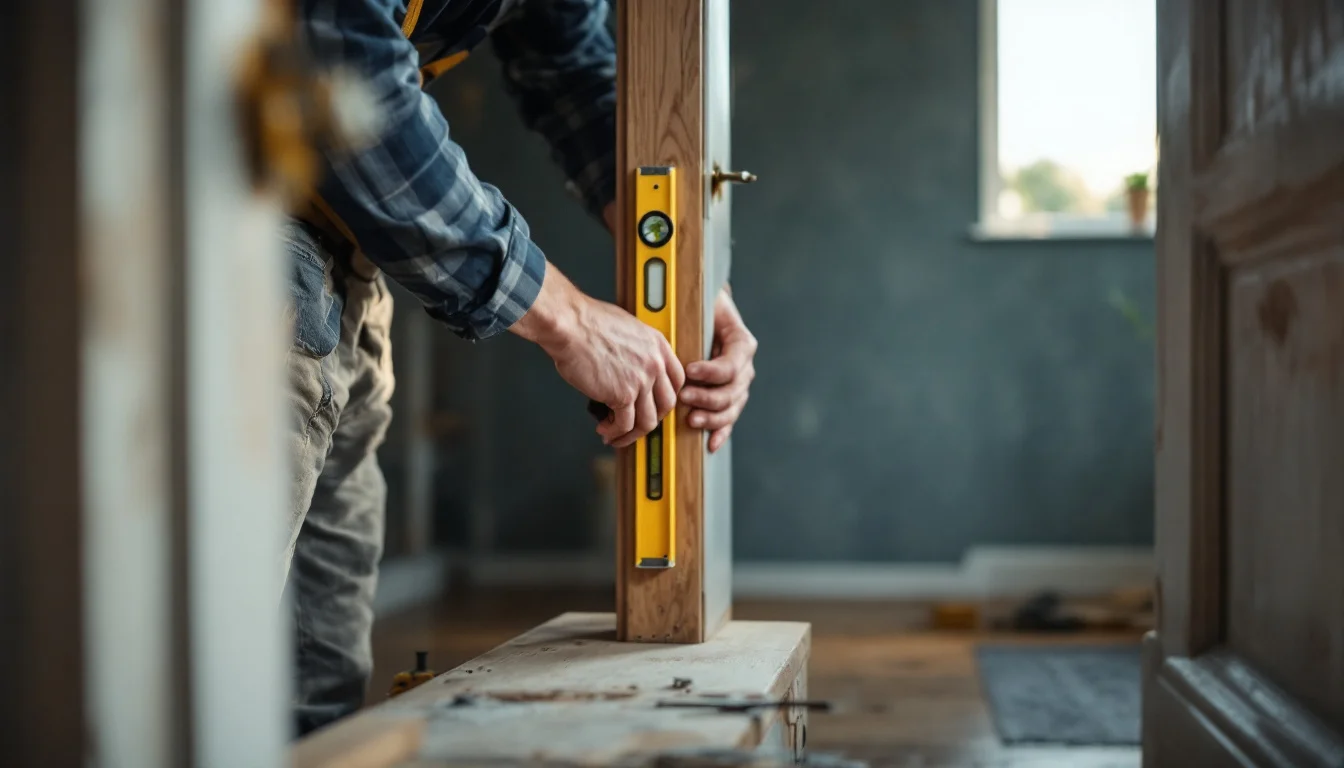 FAQs About Door Installations — A skilled installer adjusting a door frame with a level and drill in a Glenrothe FAQs About Door Installations — A skilled installer adjusting a door frame with a level and drill in a Glenrothe