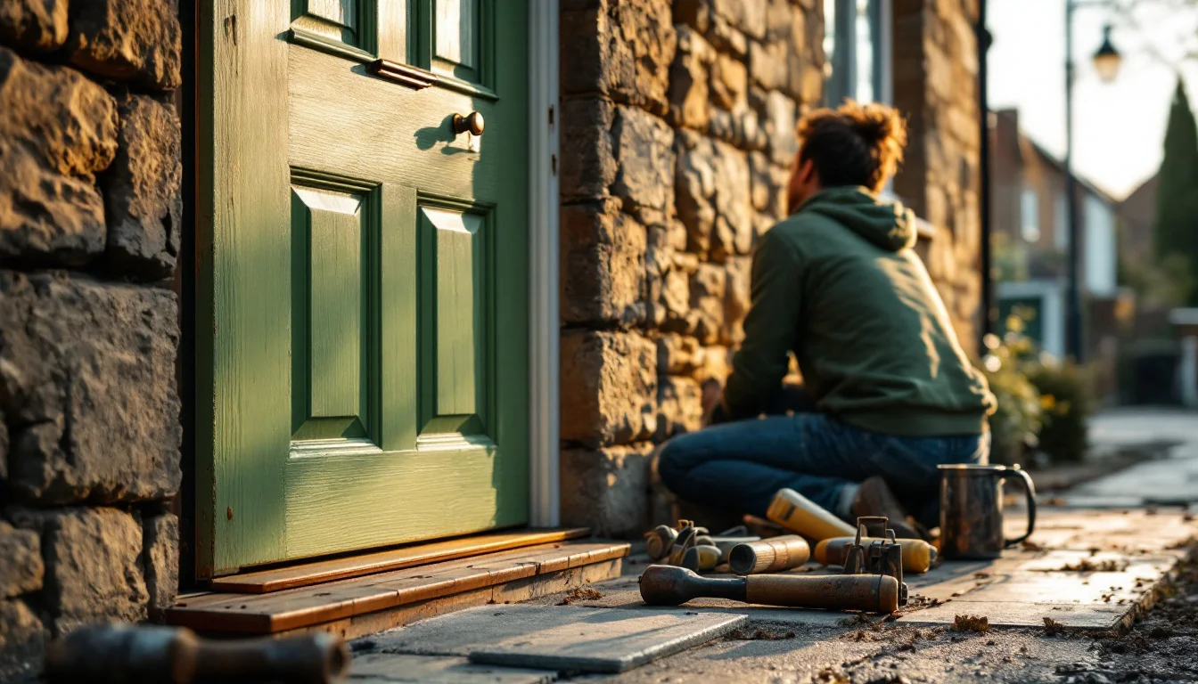 Top Rated External Doors In Glenrothes — A P&L Windows and Doors team member installing a new external door at a local Gl Top Rated External Doors In Glenrothes — A P&L Windows and Doors team member installing a new external door at a local Gl